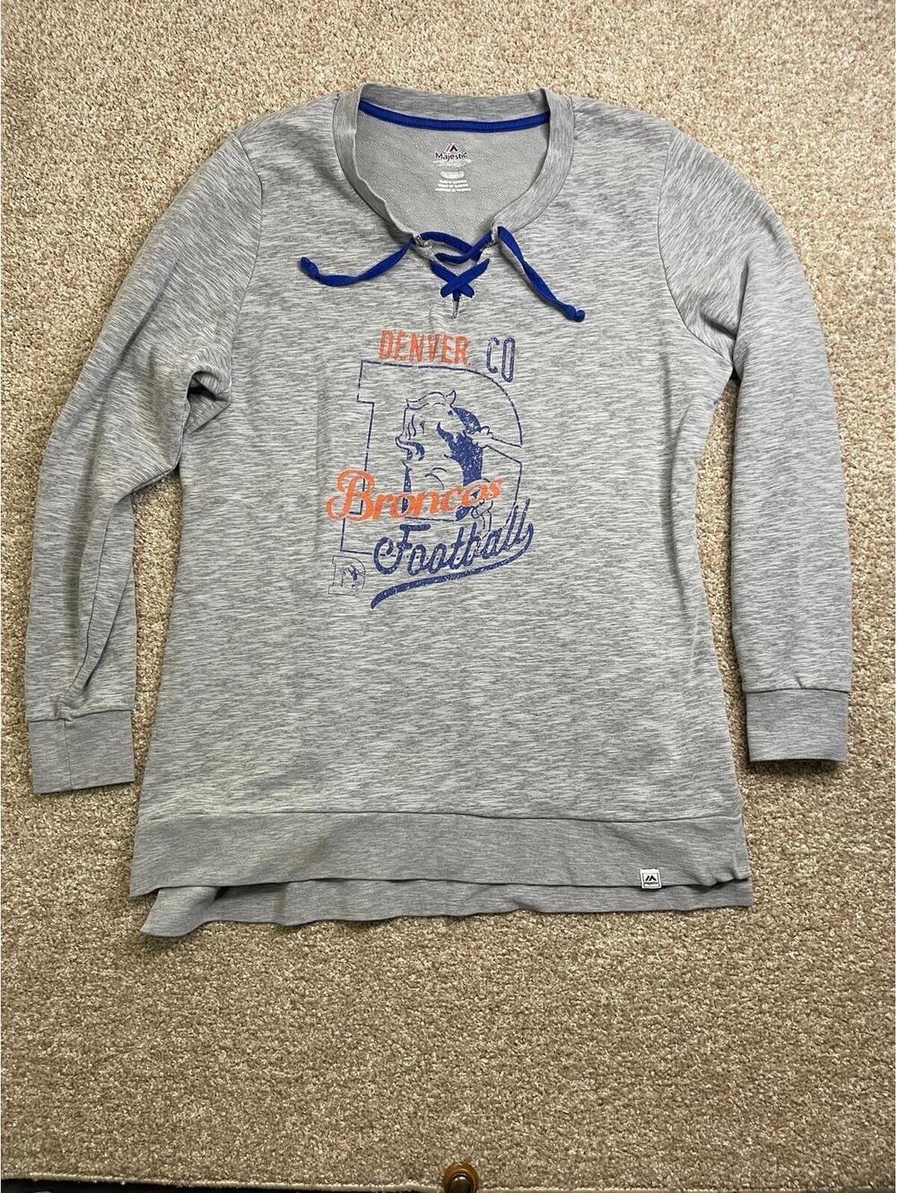 Denver Broncos Shirt Women's 2XL Gray Majestic Lace Up Long Sleeve